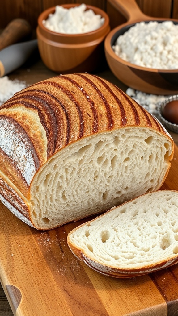 A golden-brown artisan sourdough bread loaf with a scored top, sliced to show the airy crumb, on a wooden cutting board.